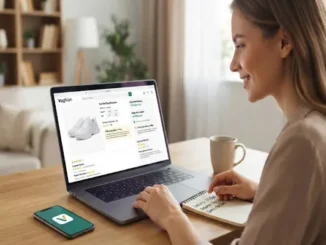 A smiling woman sitting at a desk at home, browsing an online marketplace on her laptop and reviewing detailed product specifications, delivery estimates, and customer reviews before placing an order.