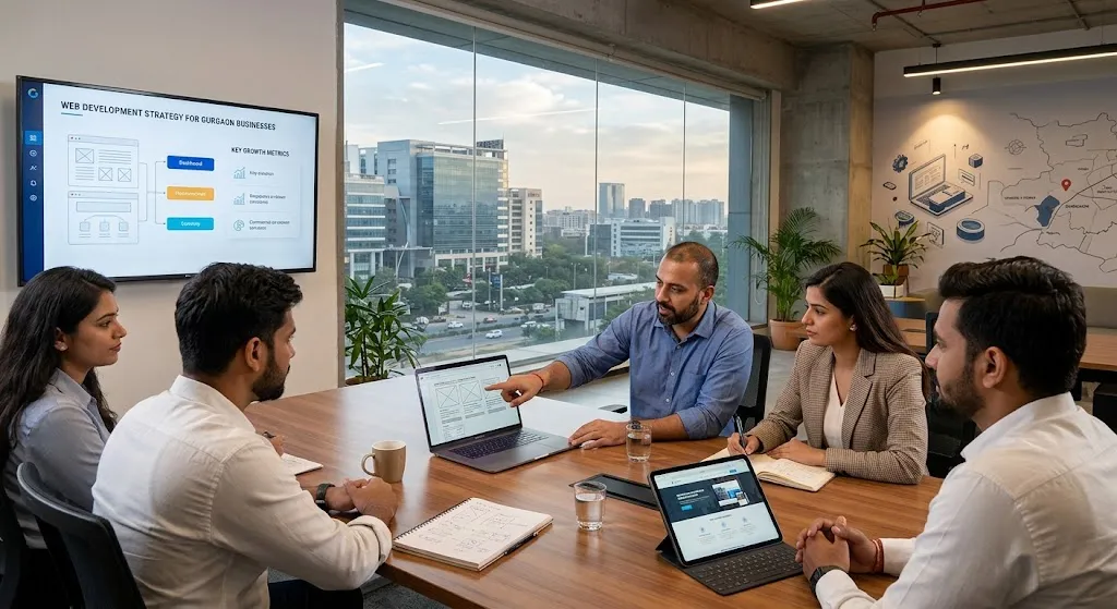 A web development team in a modern Gurgaon office discussing website architecture, design wireframes, and growth strategy around a conference table.