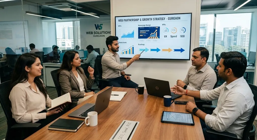 A diverse team of web developers and business professionals conducting a website growth strategy meeting in a modern Gurgaon tech office, with digital analytics and UX mockups displayed on a wall screen.