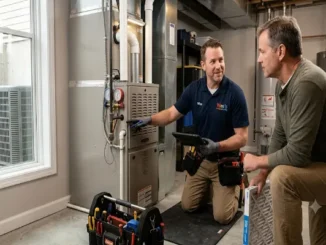 A professional technician from Wes's Heating & Cooling wearing a branded polo explaining a basement furnace unit to a male homeowner holding a clean air filter.