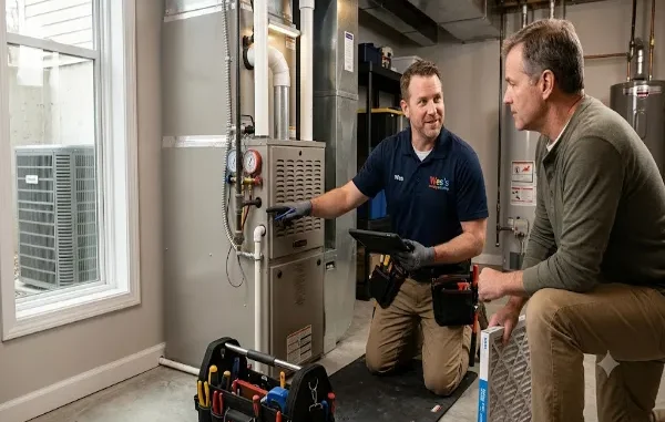 A professional technician from Wes's Heating & Cooling wearing a branded polo explaining a basement furnace unit to a male homeowner holding a clean air filter.