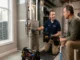 A professional technician from Wes's Heating & Cooling wearing a branded polo explaining a basement furnace unit to a male homeowner holding a clean air filter.