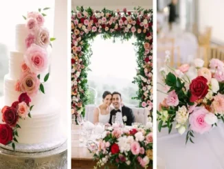 A triptych of a white wedding cake adorned with cascading pink and red roses, a bride and groom framed by a lush floral archway, and a detailed tablescape centerpiece featuring locally grown pink, red, and cream flowers.