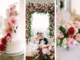 A triptych of a white wedding cake adorned with cascading pink and red roses, a bride and groom framed by a lush floral archway, and a detailed tablescape centerpiece featuring locally grown pink, red, and cream flowers.