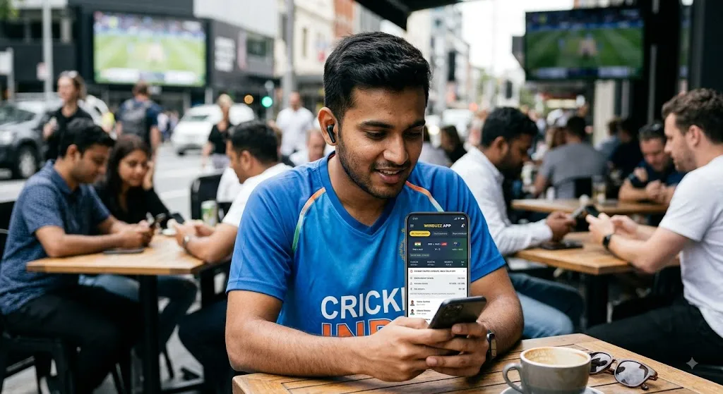 A young man wearing a blue cricket jersey sits at an outdoor café, checking real-time cricket match updates on a smartphone running the Winbuzz app.