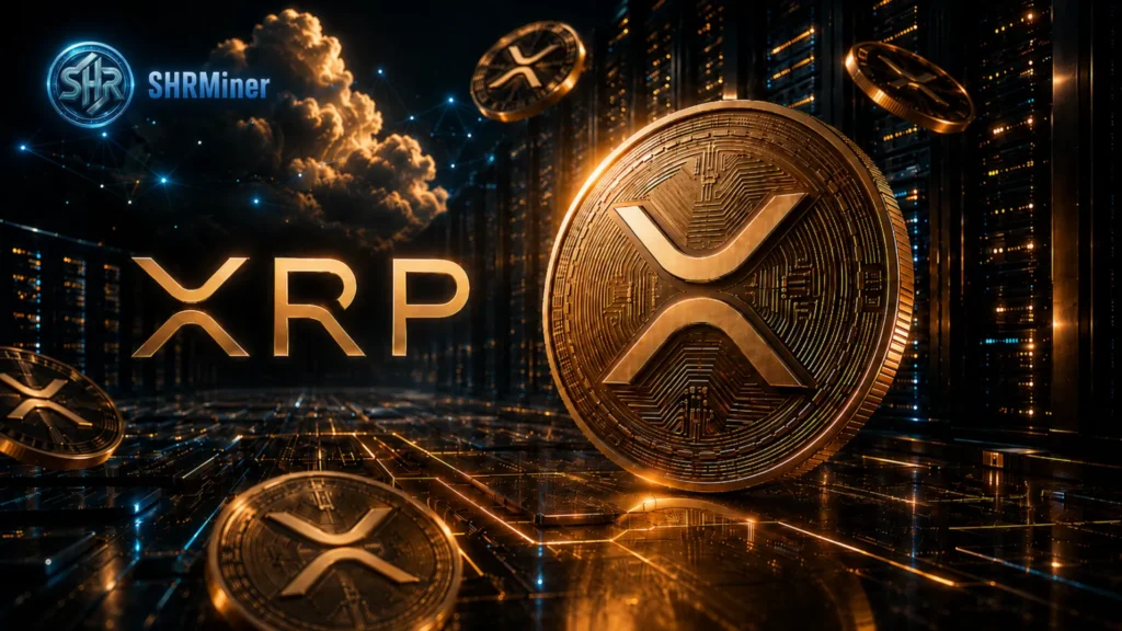 XRP cryptocurrency coins and SHRMiner cloud mining technology in a futuristic data center