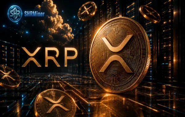 XRP coins displayed in a digital data center alongside SHRMiner cloud computing infrastructure