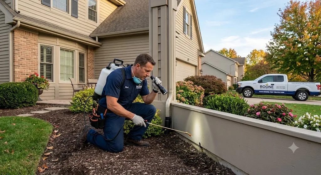 A professional pest control technician inspecting a residential house foundation with a flashlight during an outdoor perimeter treatment, with a branded Boone service truck parked in the driveway.