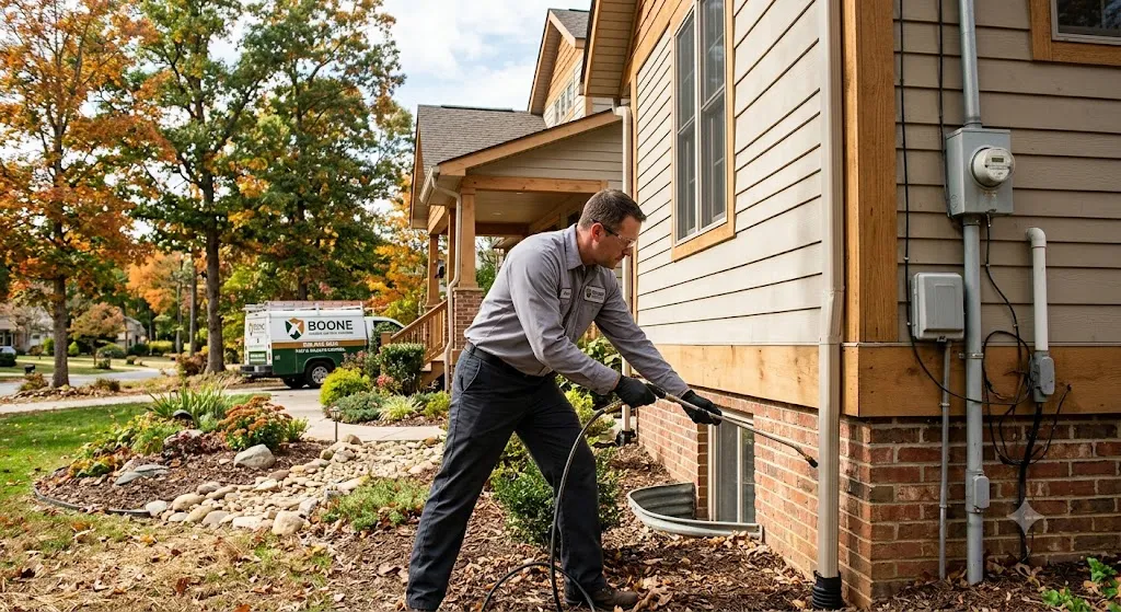 A professional pest control technician inspecting and spraying the exterior foundation of a residential home during autumn.