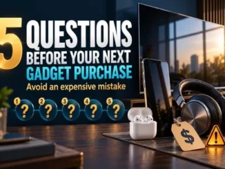 Promotional header image featuring bold text reading "5 Questions Before Your Next Gadget Purchase" alongside various electronics including a smartphone, wireless earbuds, over-ear headphones, a price tag with a dollar sign, and a warning icon.