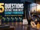 Promotional header image featuring bold text reading "5 Questions Before Your Next Gadget Purchase" alongside various electronics including a smartphone, wireless earbuds, over-ear headphones, a price tag with a dollar sign, and a warning icon.