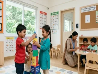 A colorful preschool classroom in Hyderabad featuring Indian children playing with blocks and painting at a table.