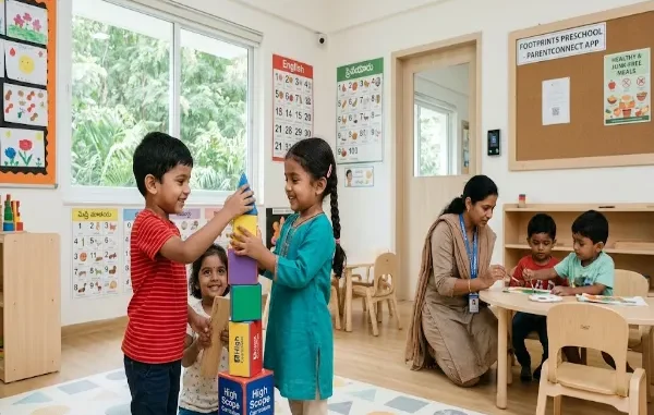 A colorful preschool classroom in Hyderabad featuring Indian children playing with blocks and painting at a table.