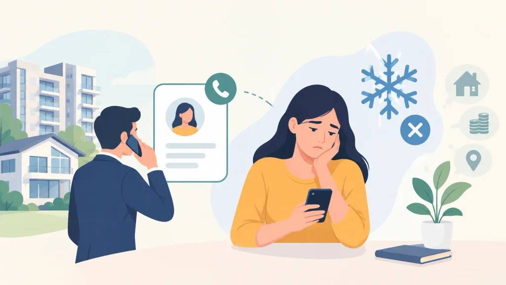 Illustration of a real estate agent making a phone call while a potential buyer looks concerned at her phone, depicting cold leads and communication gaps in Indian real estate.