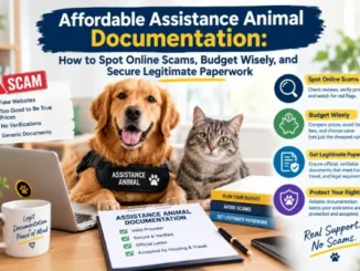 An informational graphic featuring a golden retriever in an "Assistance Animal" harness and a tabby cat sitting at a desk with paperwork, detailing tips to avoid scams, budget wisely, and secure legitimate assistance animal documentation.