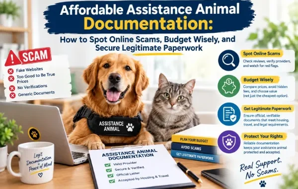 An informational graphic featuring a golden retriever in an "Assistance Animal" harness and a tabby cat sitting at a desk with paperwork, detailing tips to avoid scams, budget wisely, and secure legitimate assistance animal documentation.