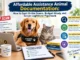 An informational graphic featuring a golden retriever in an "Assistance Animal" harness and a tabby cat sitting at a desk with paperwork, detailing tips to avoid scams, budget wisely, and secure legitimate assistance animal documentation.