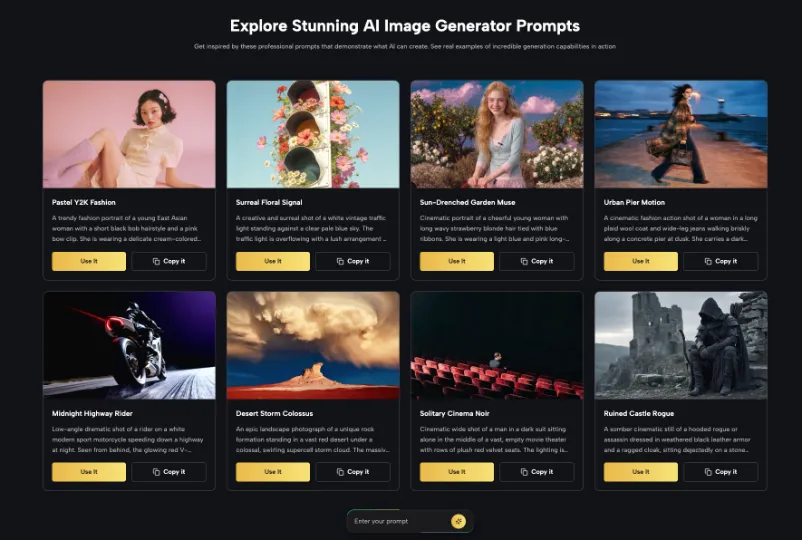 A dark-mode web interface displaying a grid of AI image generator prompt cards with visual previews, style titles, descriptions, and action buttons.