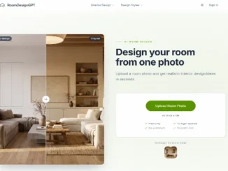 Screenshot of RoomDesignGPT web interface showing an AI-generated room design comparison tool alongside an image upload prompt.