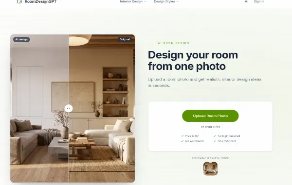 Screenshot of RoomDesignGPT web interface showing an AI-generated room design comparison tool alongside an image upload prompt.