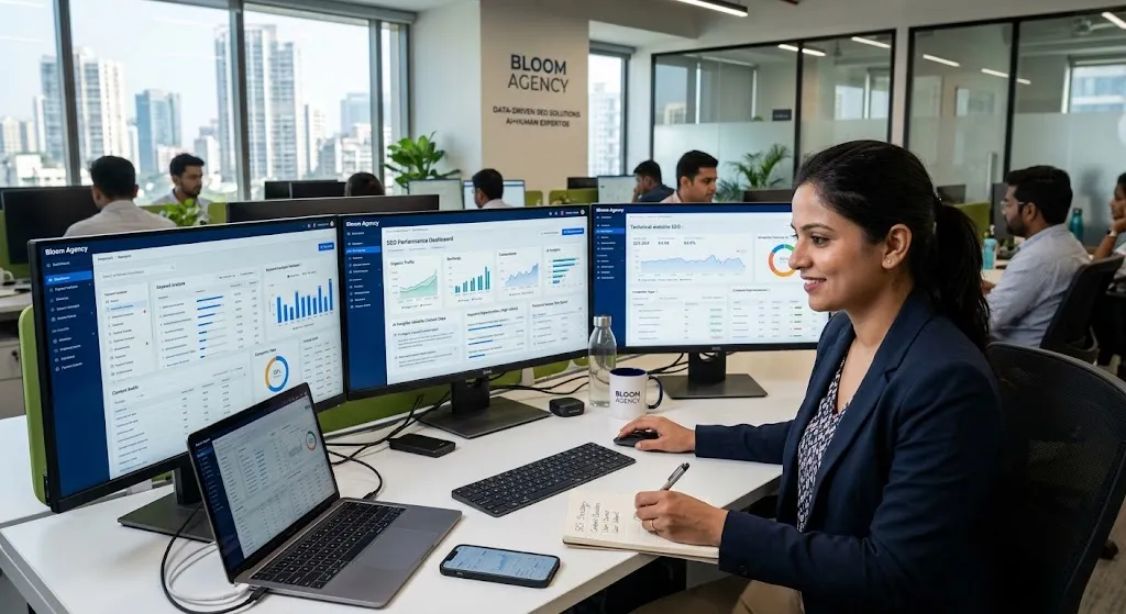 An SEO specialist analyzing AI-driven search analytics, keyword trends, and performance metrics on multiple screens in a modern agency office.