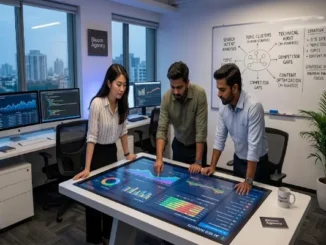 Three digital marketing professionals standing around an interactive touch-table analyzing colorful AI SEO analytics dashboards, with a whiteboard detailing AI-powered optimization strategies in the background.