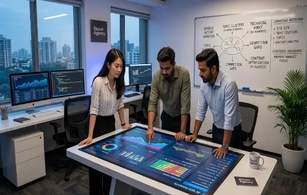 Three digital marketing professionals standing around an interactive touch-table analyzing colorful AI SEO analytics dashboards, with a whiteboard detailing AI-powered optimization strategies in the background.