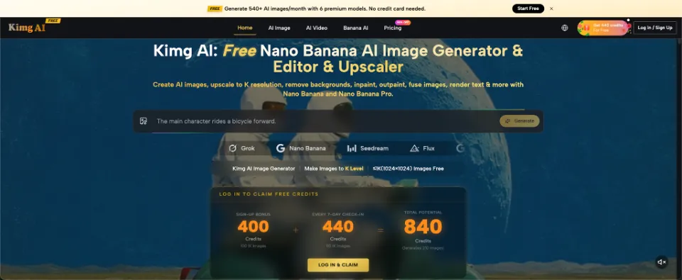 Screenshot of the Kimg AI generator homepage displaying AI model selection tabs and prompt bar.