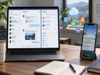 A photo-realistic concept image on a desk. On the left is a laptop displaying chat (with shared files) and download interfaces. On the right is a standing smartphone. Dashed sync lines and specific icons (document, calendar, message, photo, notification) connect the laptop, a central cloud icon, and the smartphone[cite: 1]. The image includes blurred inspirational text on a notebook and mug[cite: 1].