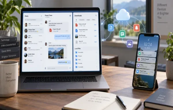 A photo-realistic concept image on a desk. On the left is a laptop displaying chat (with shared files) and download interfaces. On the right is a standing smartphone. Dashed sync lines and specific icons (document, calendar, message, photo, notification) connect the laptop, a central cloud icon, and the smartphone[cite: 1]. The image includes blurred inspirational text on a notebook and mug[cite: 1].