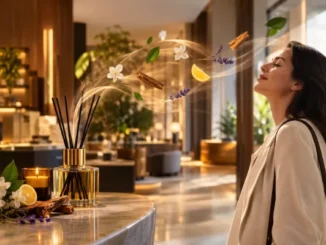Woman smiling and enjoying the fragrance emitted from a reed diffuser with floating botanical elements in a luxury modern lounge.