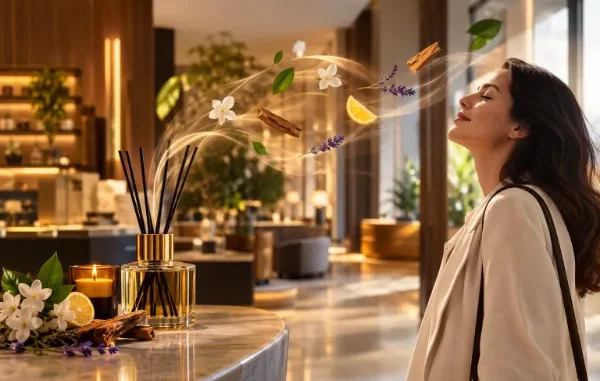Woman smiling and enjoying the fragrance emitted from a reed diffuser with floating botanical elements in a luxury modern lounge.