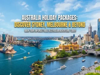 Sydney Opera House and Melbourne cityscape highlights featured in an Australia holiday package promotional banner.