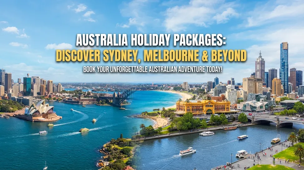 Split view banner showcasing the Sydney Harbor bridge and Opera House on the left and Melbourne city skyline on the right.