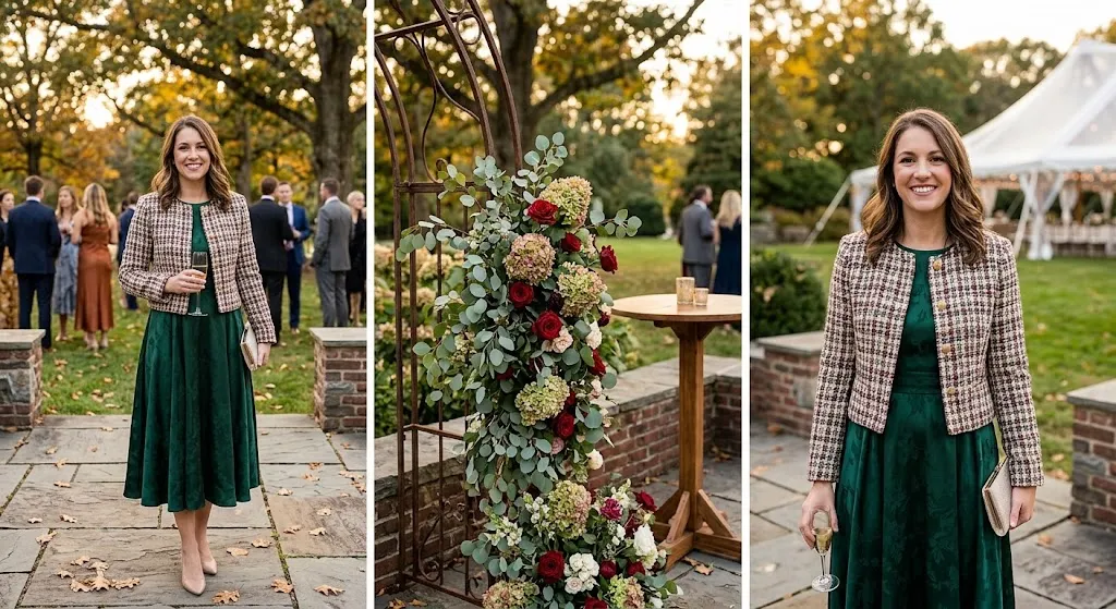 A vertical triptych photograph of a woman at an autumn wedding. Left: a full-body portrait of the woman in a green midi dress and a tweed jacket, standing on a patio during golden hour. Center: a close-up detail of an iron floral arch with red roses and eucalyptus. Right: a close-up portrait of the woman smiling, holding a champagne glass.