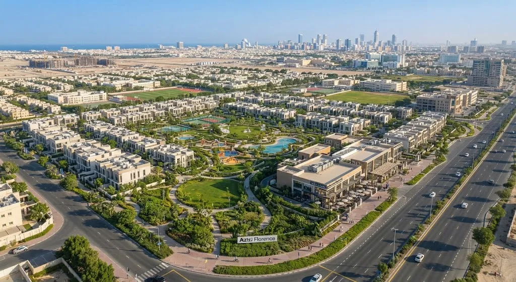 Aerial view of the master-planned Azizi Florence community in Sharjah, showcasing landscaped green parks, contemporary townhouses and villas, integrated retail zones, internal road connectivity, and surrounding urban infrastructure.