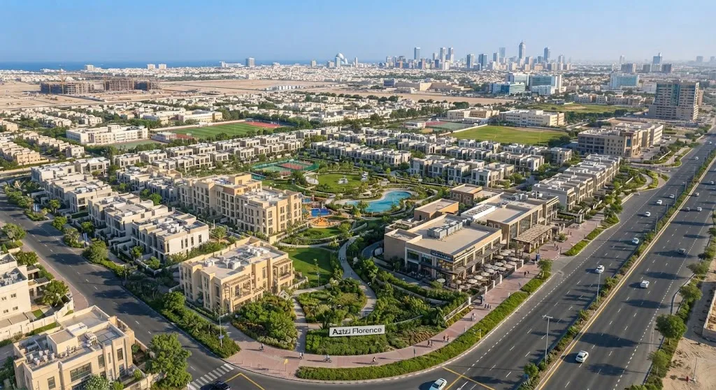 Exterior view of the Azizi Florence community development in Sharjah showing its surrounding infrastructure and layout.