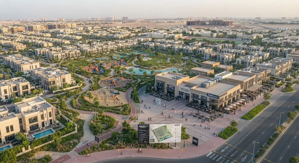 High-angle shot highlighting the community retail plaza, central park network, and master plan signage of Azizi Florence in Sharjah.