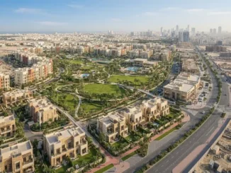 High-angle architectural rendering of the Azizi Florence community in Sharjah, showing modern townhouses, villas, a central park, and surrounding road infrastructure.