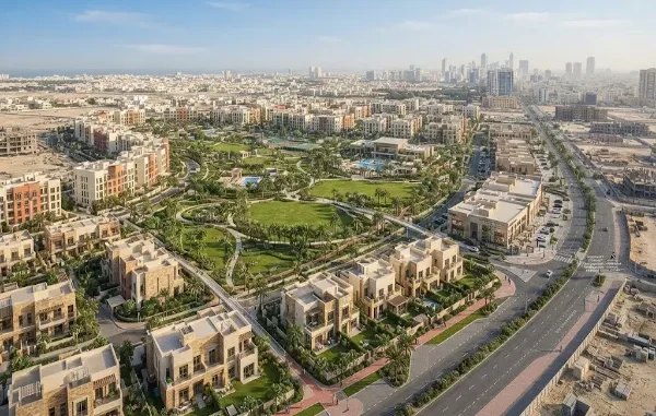 High-angle architectural rendering of the Azizi Florence community in Sharjah, showing modern townhouses, villas, a central park, and surrounding road infrastructure.