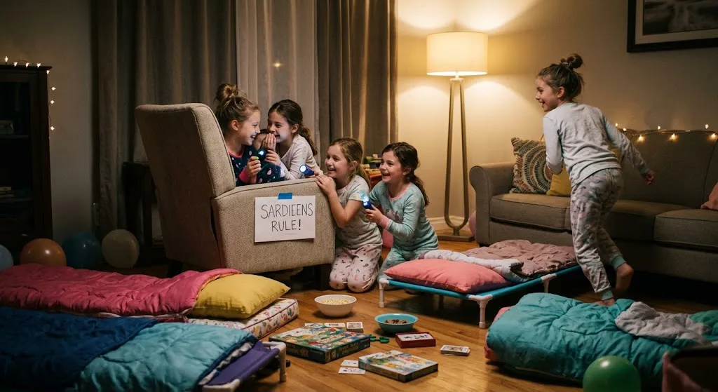 group of excited kids in pajamas playing games with flashlights in a cozy living room setup with sleeping bags and portable cots.