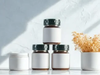 Three brown glass supplement jars with blank white labels stacked in a pyramid shape alongside a white cream jar and dried flowers on a bright marble surface.