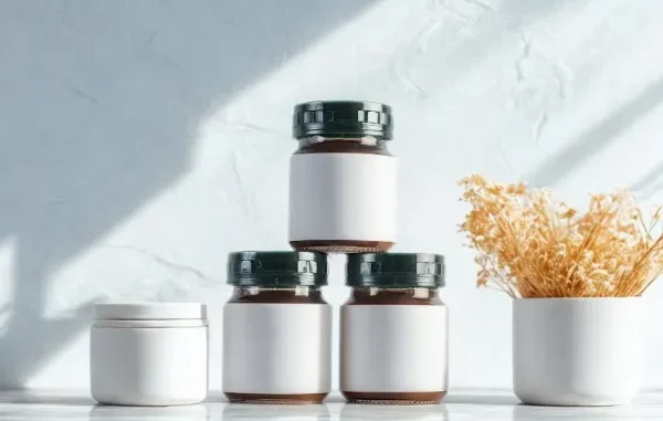 Three brown glass supplement jars with blank white labels stacked in a pyramid shape alongside a white cream jar and dried flowers on a bright marble surface.