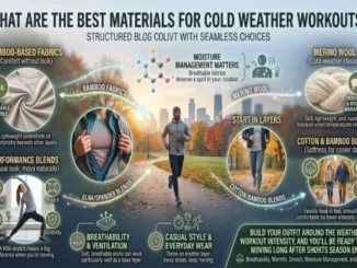An informative guide breaking down cold-weather workout materials including bamboo fabrics, merino wool, elastane blends, and cotton-bamboo blends, featuring runners and athletes outdoors.