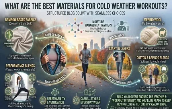 An informative guide breaking down cold-weather workout materials including bamboo fabrics, merino wool, elastane blends, and cotton-bamboo blends, featuring runners and athletes outdoors.