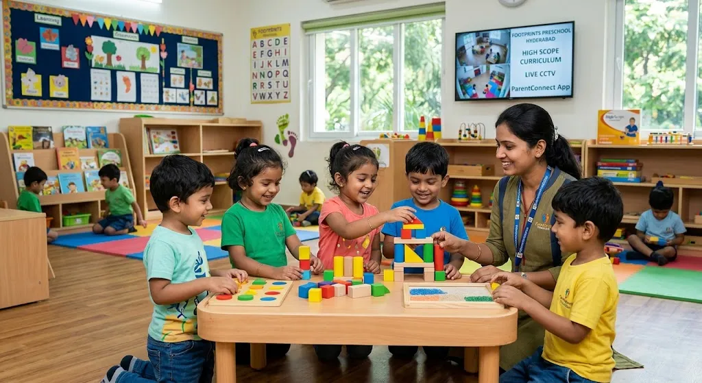 A warm, well-lit preschool classroom in Hyderabad where a female teacher and a group of young Indian children are sitting around a low wooden table, happily playing with colorful building blocks and educational toys.