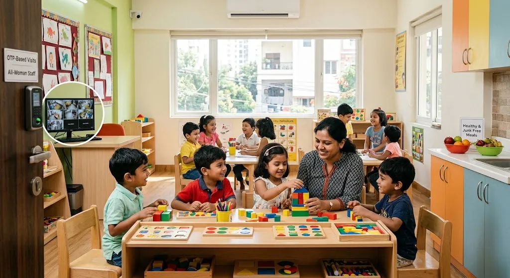 Young Indian toddlers playing with wooden building blocks guided by a female teacher in a bright, modern Hyderabad preschool classroom with CCTV security cameras and child-safe amenities.