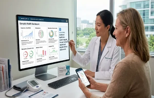 A female physician in a lab coat pointing at a Bioscope.ai Synoptic Health Dashboard on a desktop monitor while explaining personalized health data and longevity insights to a seated female patient.