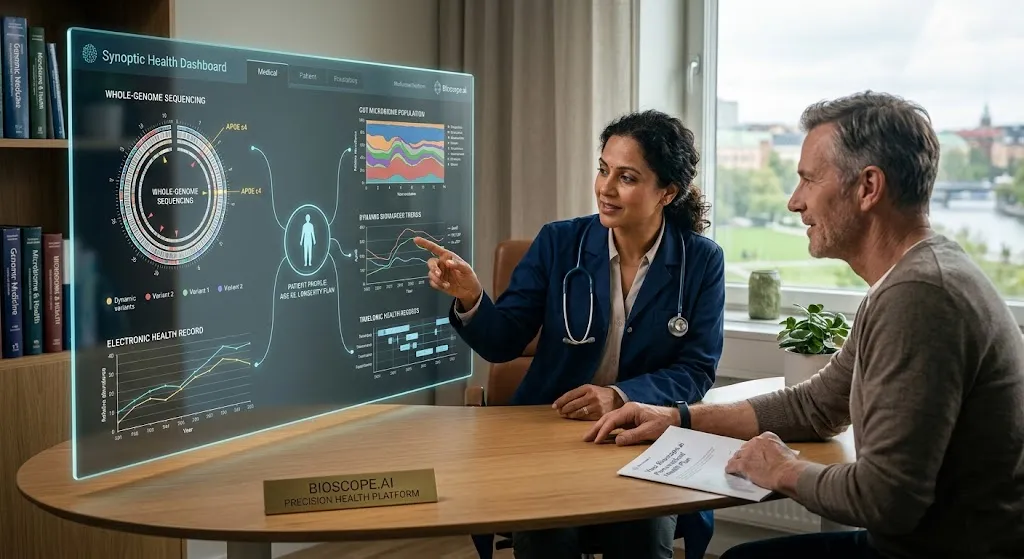 A physician and patient sitting at a desk discussing a personalized longevity plan, with a futuristic transparent screen displaying the Bioscope.ai Synoptic Health Dashboard featuring whole-genome sequencing, gut microbiome analysis, and biomarker trend data.
