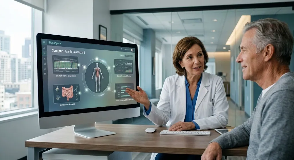 A female physician sitting at a modern desk with a senior male patient, pointing toward a large computer monitor displaying the Bioscope.ai Synoptic Health Dashboard featuring whole-genome sequencing, microbiome analysis, and biomarker data.